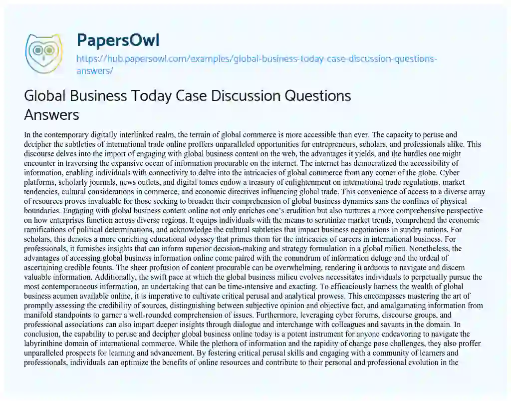 Essay on Global Business Today Case Discussion Questions Answers