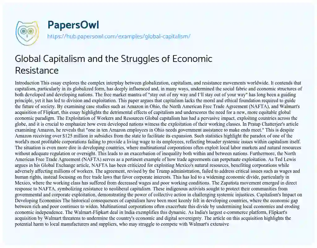 Essay on Global Capitalism and the Struggles of Economic Resistance