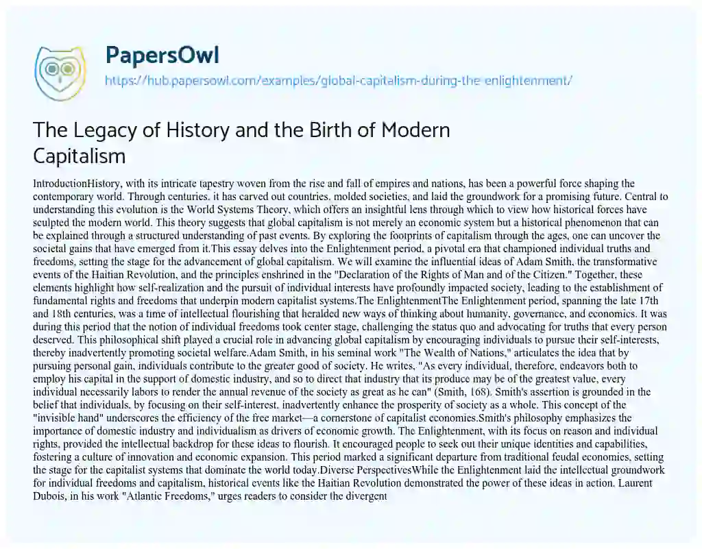 Essay on The Legacy of History and the Birth of Modern Capitalism