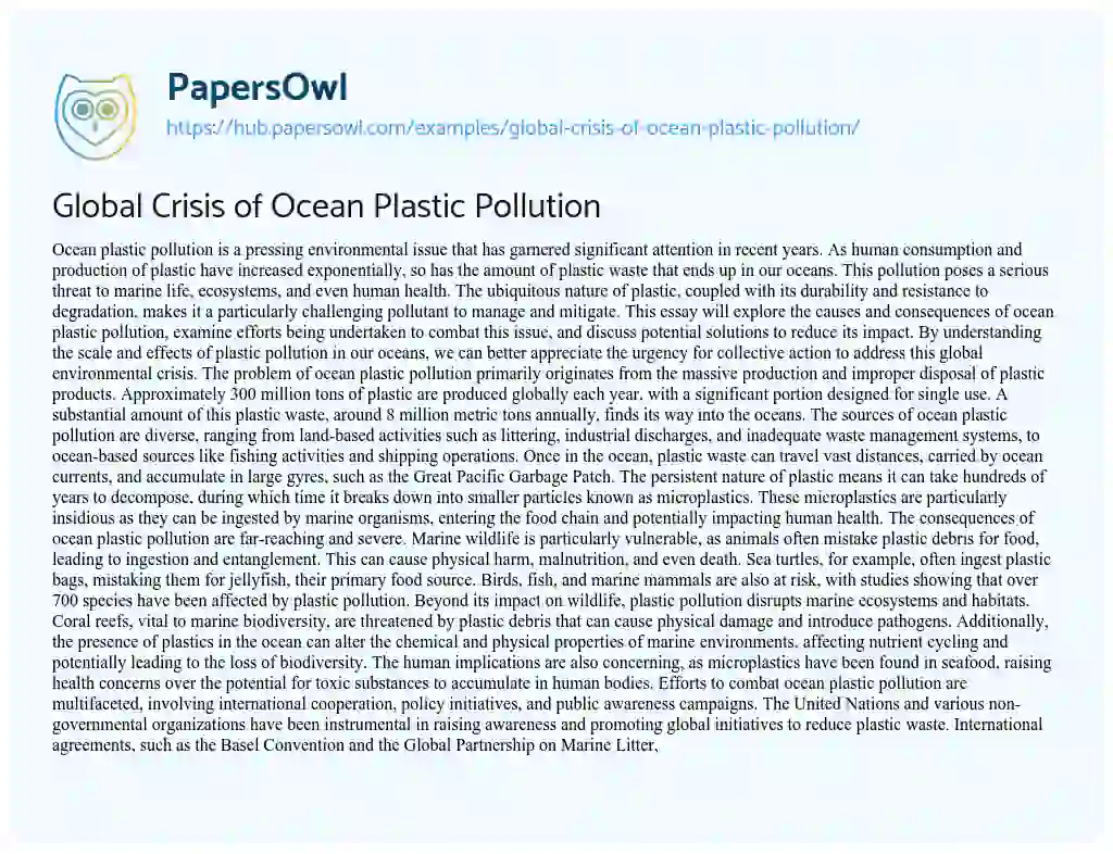 Essay on Global Crisis of Ocean Plastic Pollution