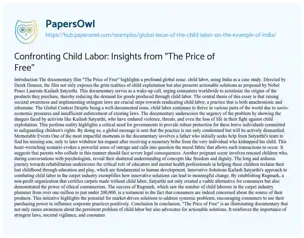 Essay on Confronting Child Labor: Insights from “The Price of Free”