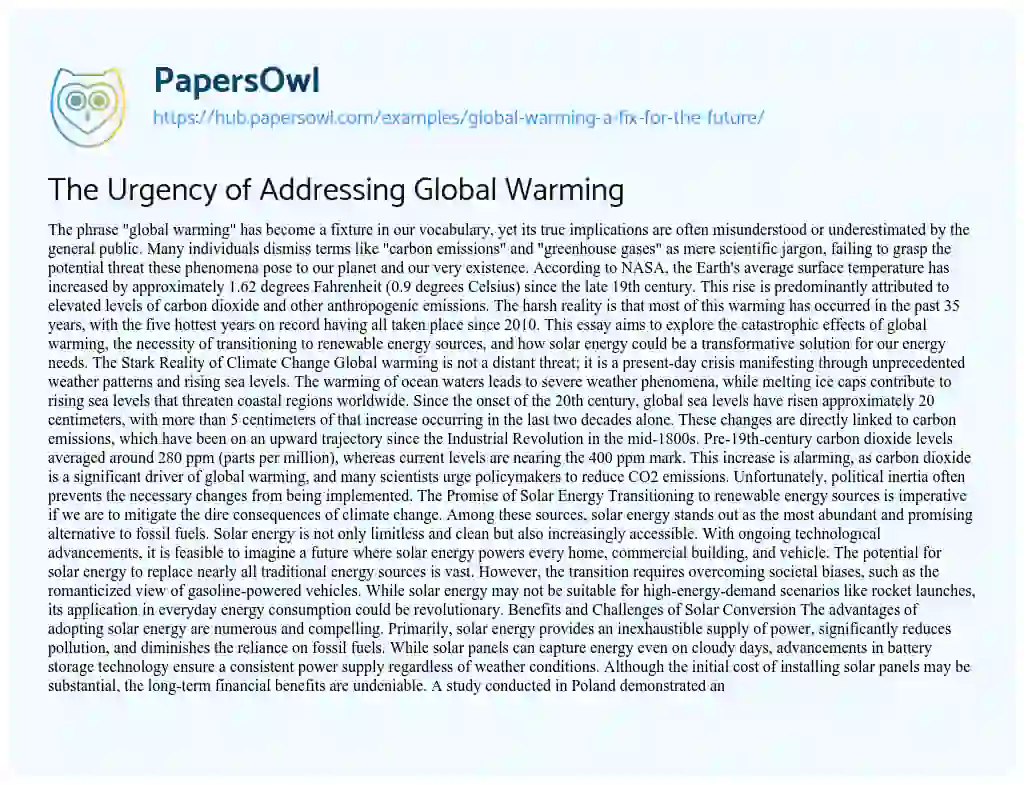 Essay on The Urgency of Addressing Global Warming