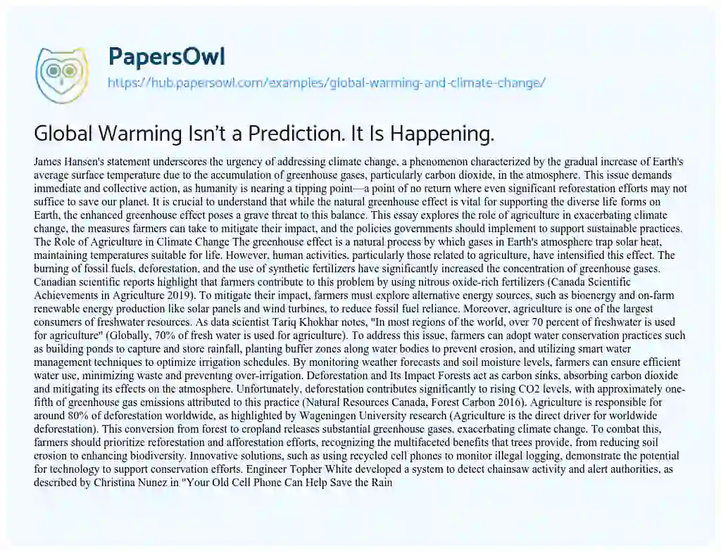 Essay on Global Warming Isn’t a Prediction. It Is Happening.