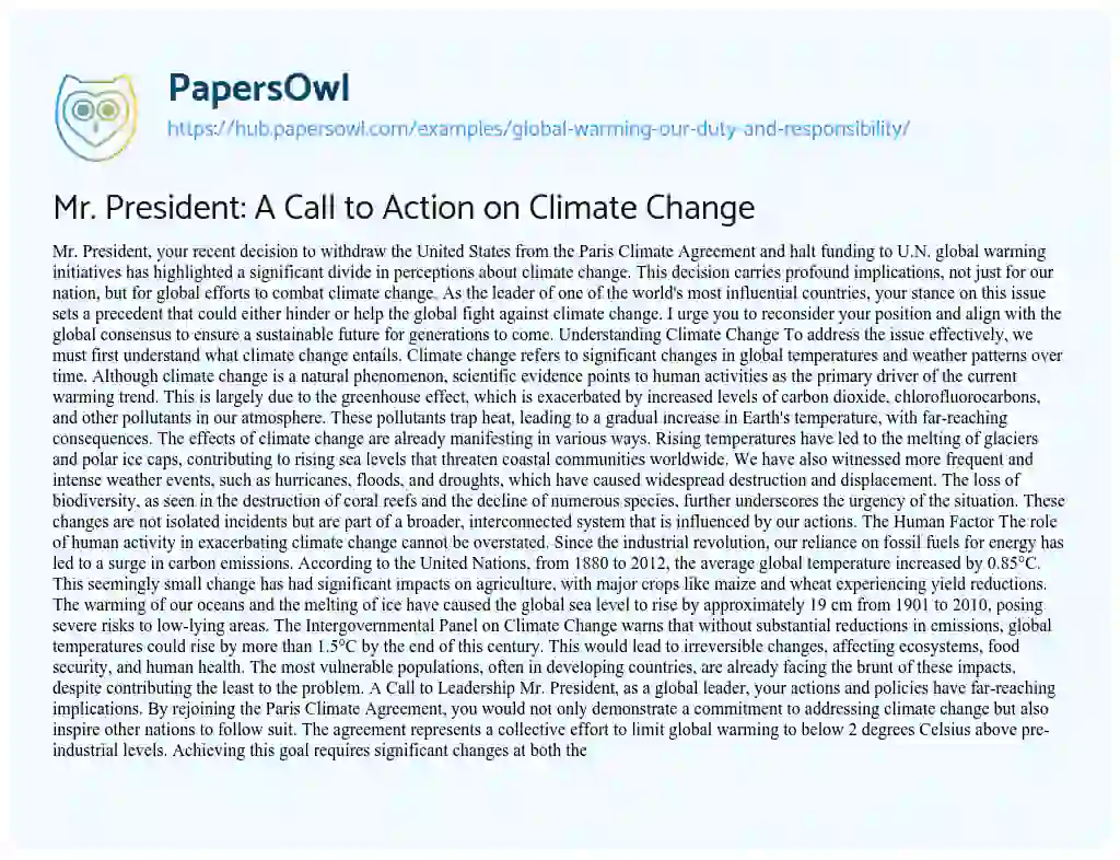 Essay on Mr. President: A Call to Action on Climate Change
