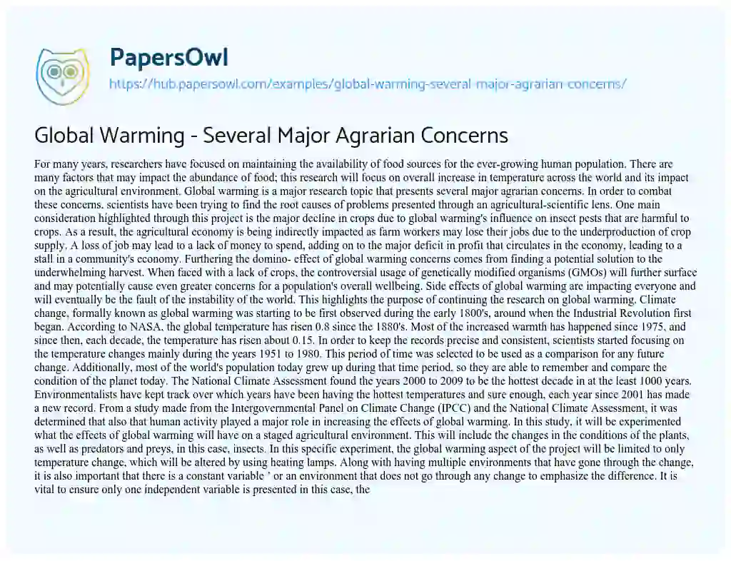 Essay on Global Warming – Several Major Agrarian Concerns