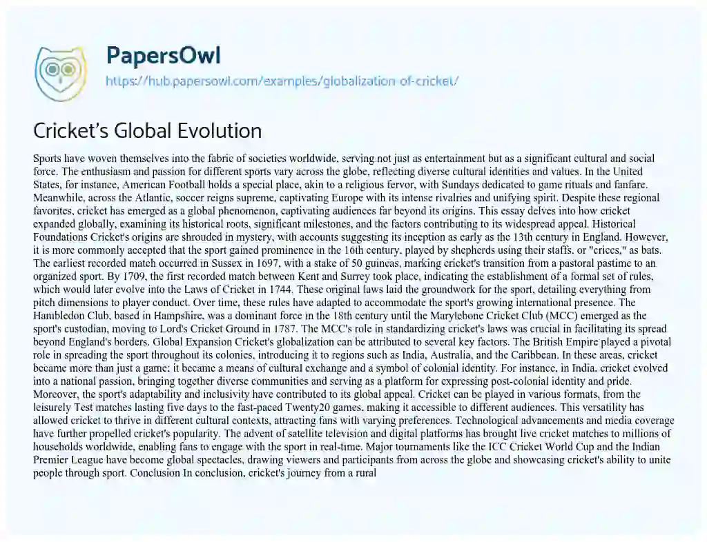Essay on Cricket’s Global Evolution