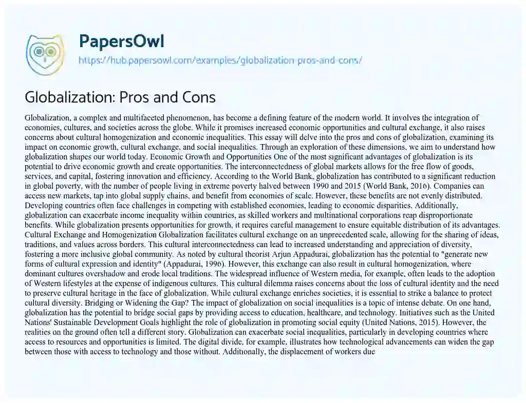 Essay on Globalization: Pros and Cons
