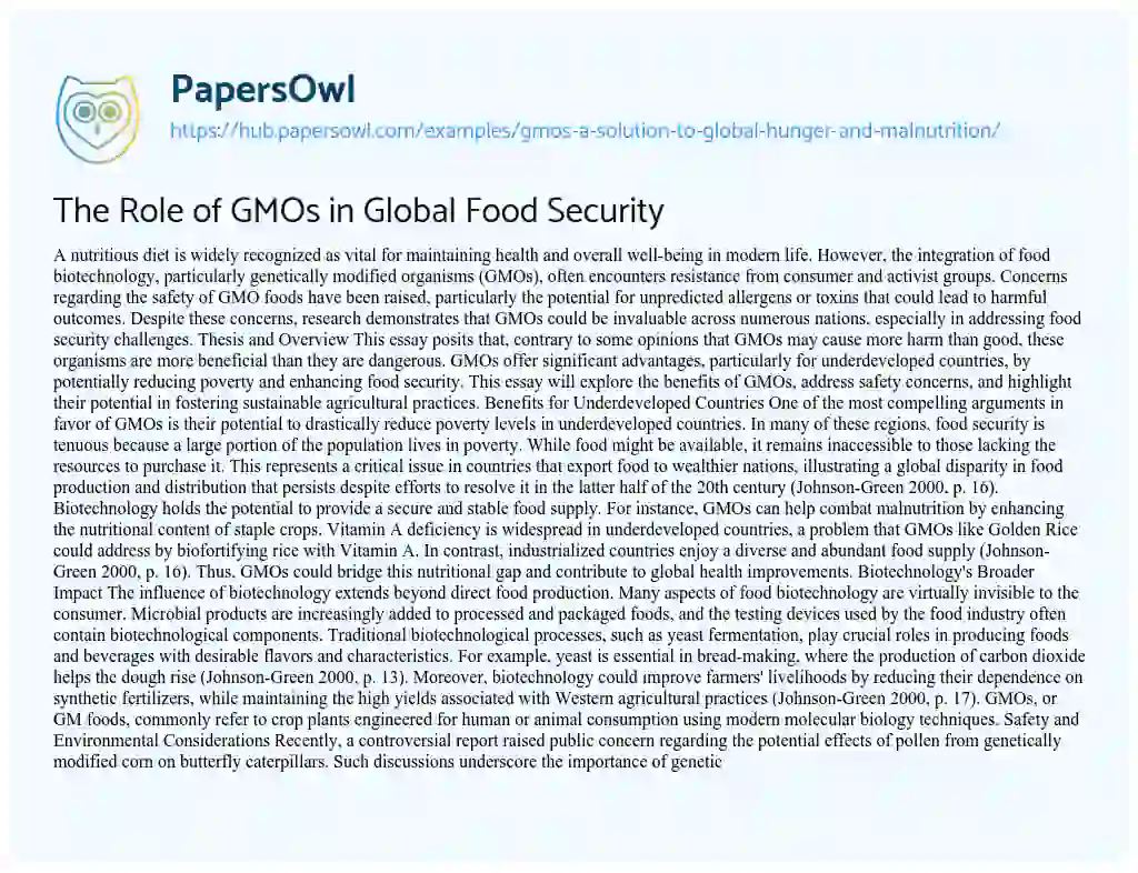 Essay on The Role of GMOs in Global Food Security