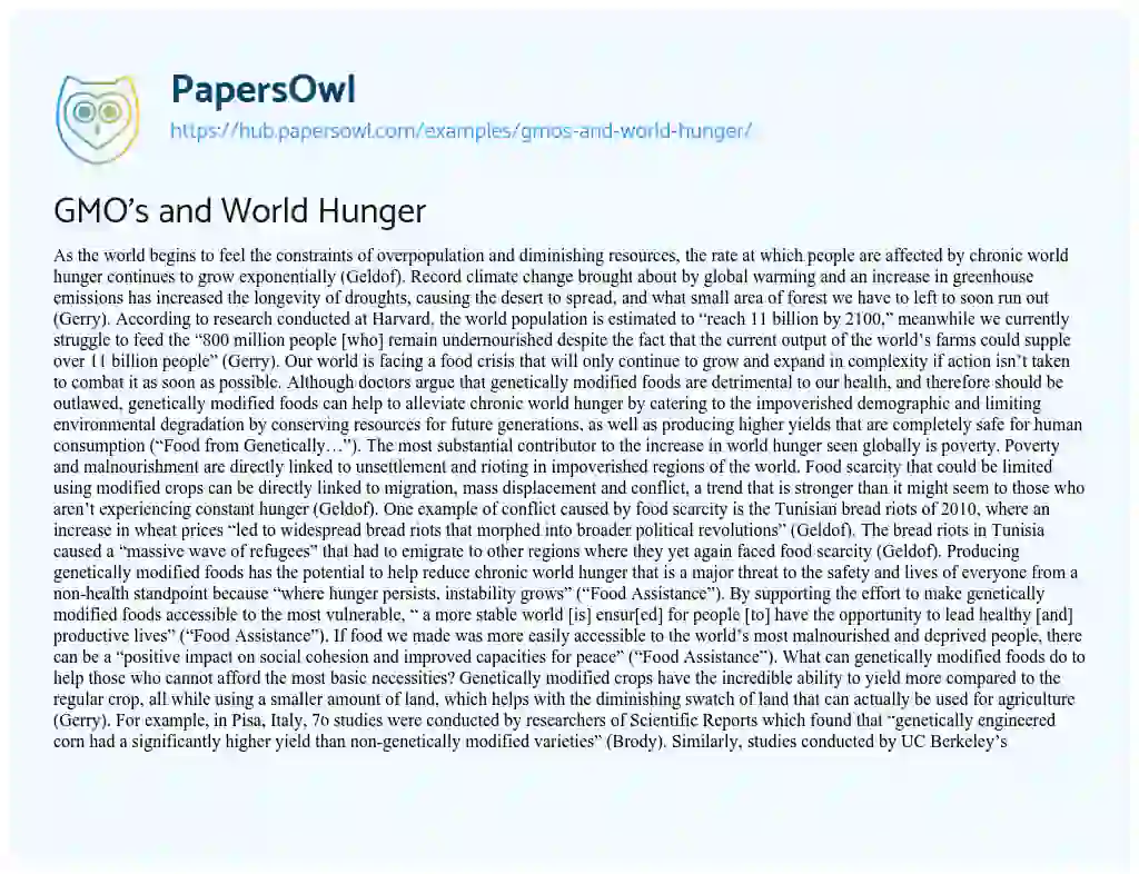 Essay on GMO’s and World Hunger