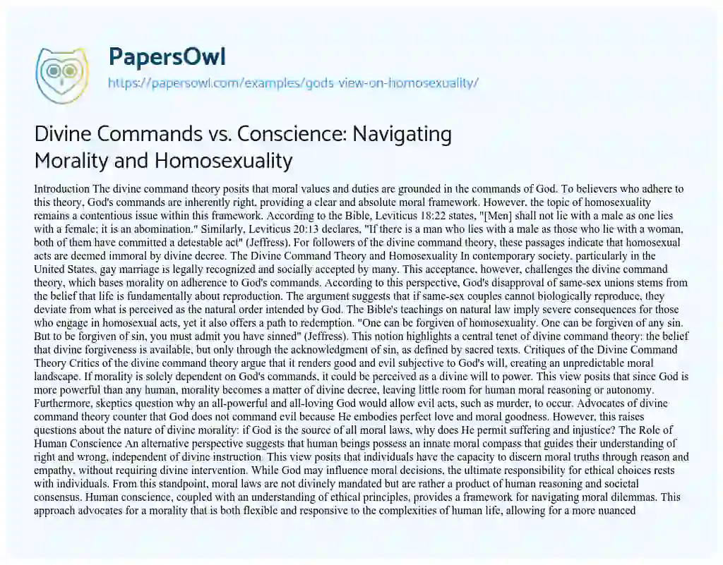 Essay on Divine Commands vs. Conscience: Navigating Morality and Homosexuality