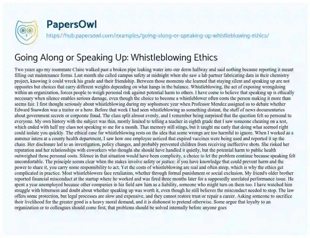 Essay on Going Along or Speaking Up: Whistleblowing Ethics