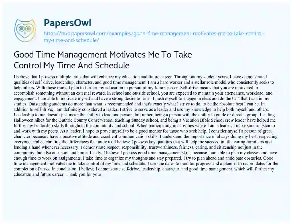 Essay on Good Time Management Motivates Me To Take Control My Time And Schedule