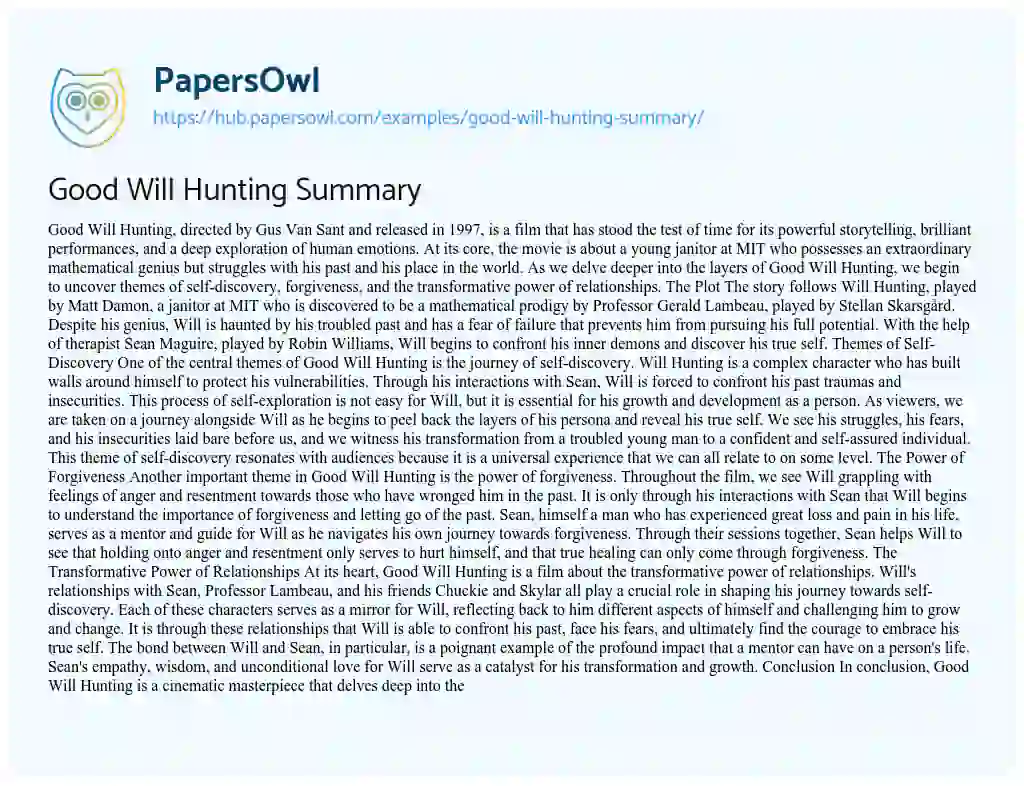 Essay on Good Will Hunting Summary