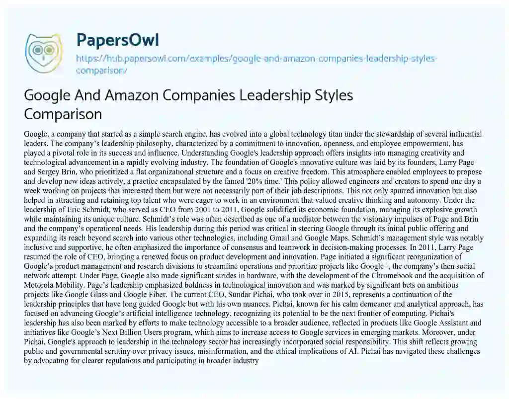 Essay on Google And Amazon Companies Leadership Styles Comparison