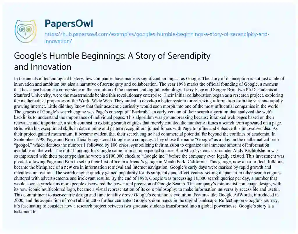 Essay on Google’s Humble Beginnings: A Story of Serendipity and Innovation
