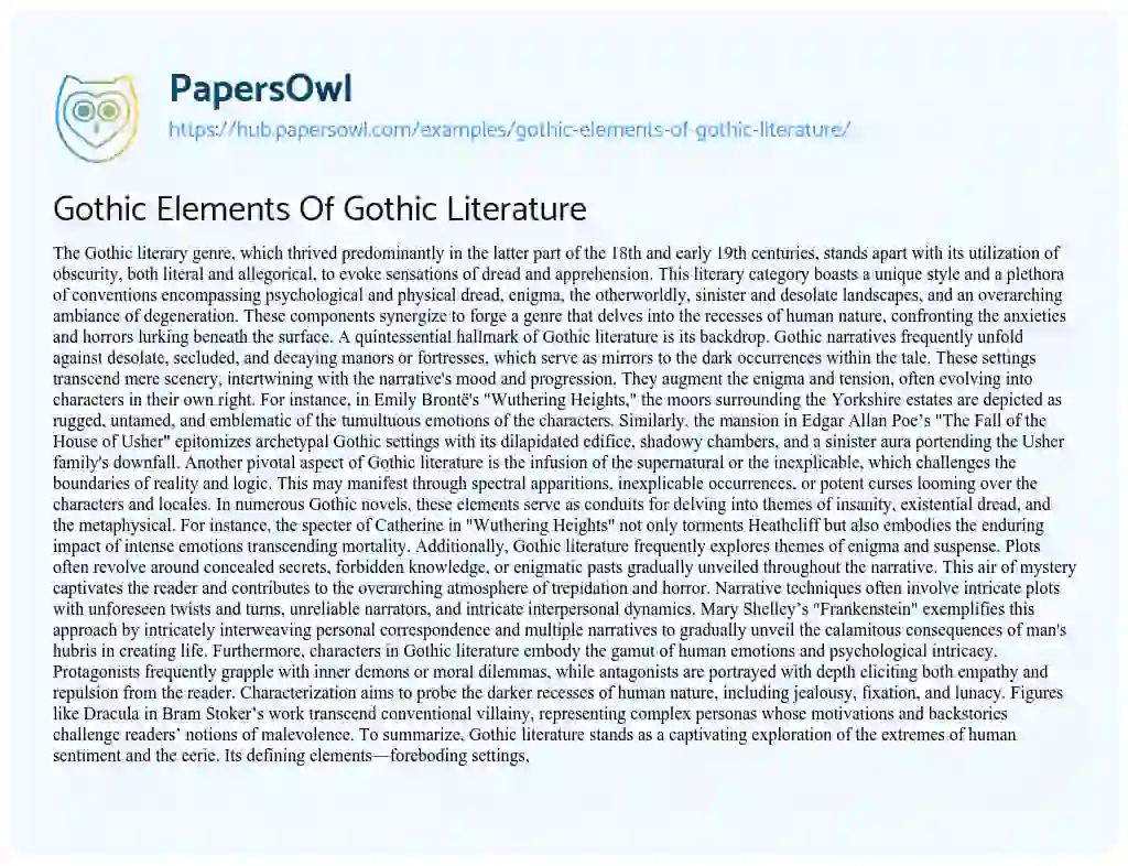 Essay on Gothic Elements Of Gothic Literature