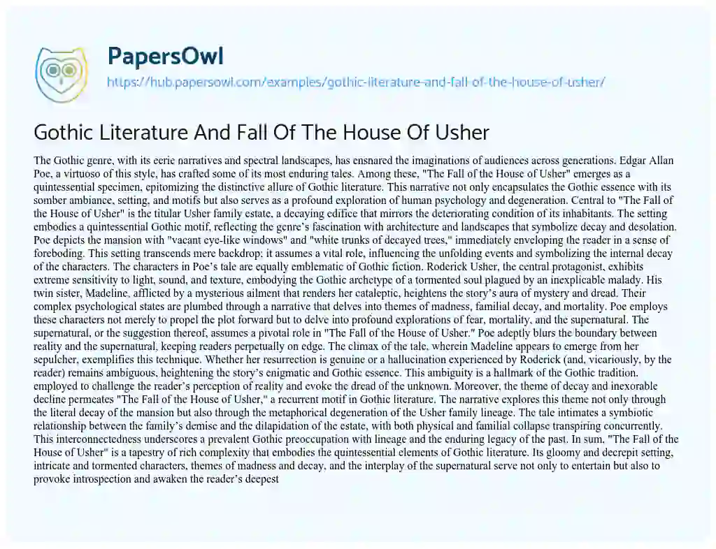 Essay on Gothic Literature And Fall Of The House Of Usher