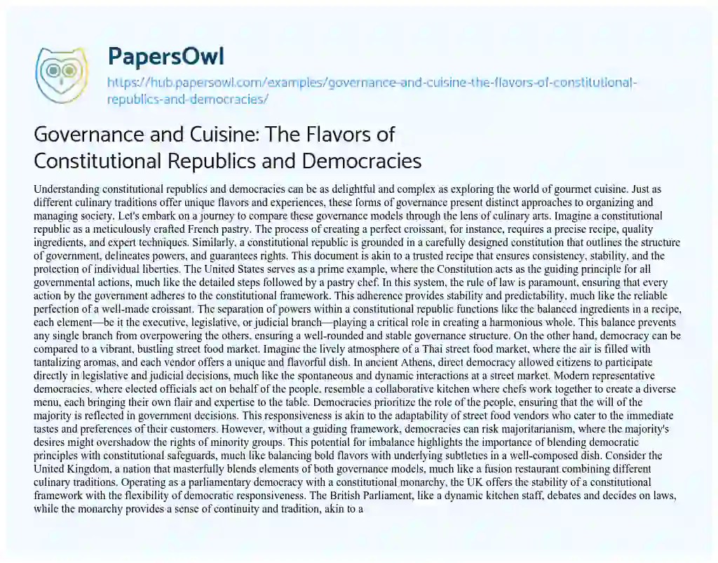 Essay on Governance and Cuisine: The Flavors of Constitutional Republics and Democracies