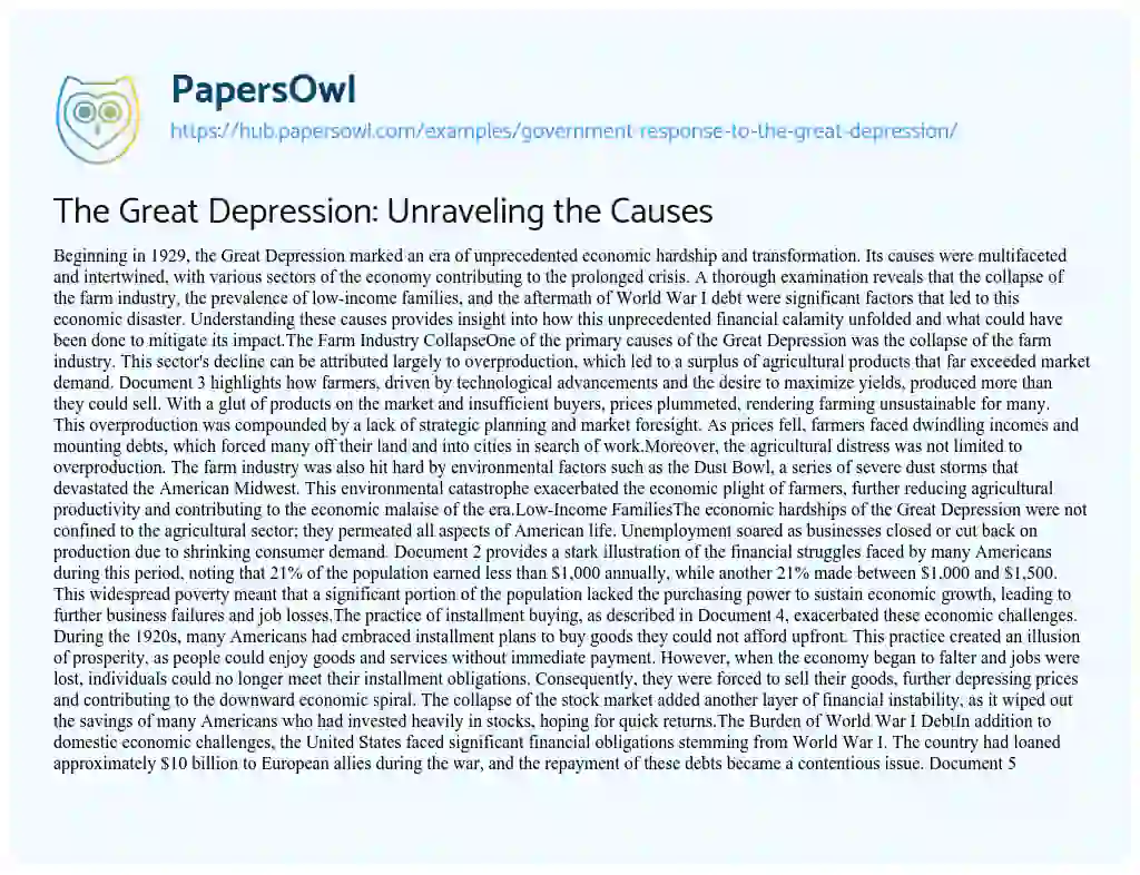 Essay on The Great Depression: Unraveling the Causes