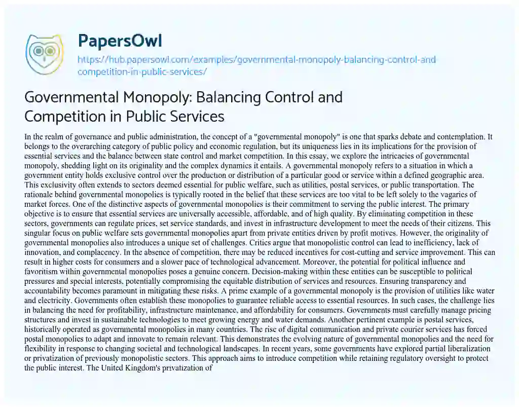 Essay on Governmental Monopoly: Balancing Control and Competition in Public Services