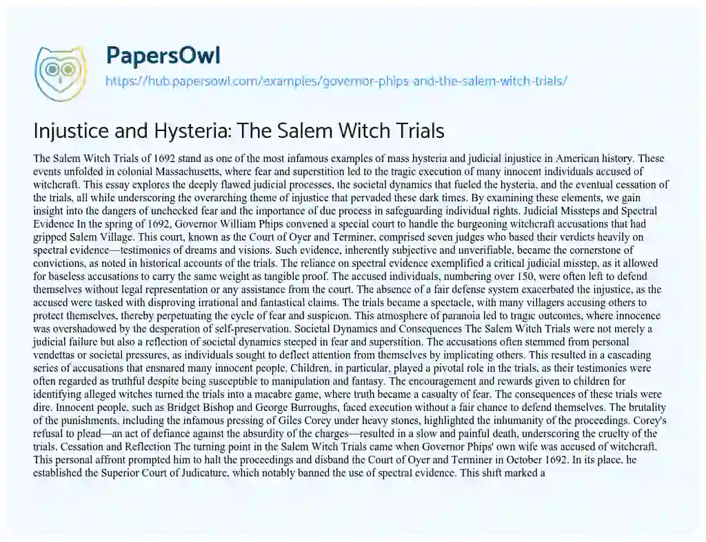 Essay on Injustice and Hysteria: The Salem Witch Trials