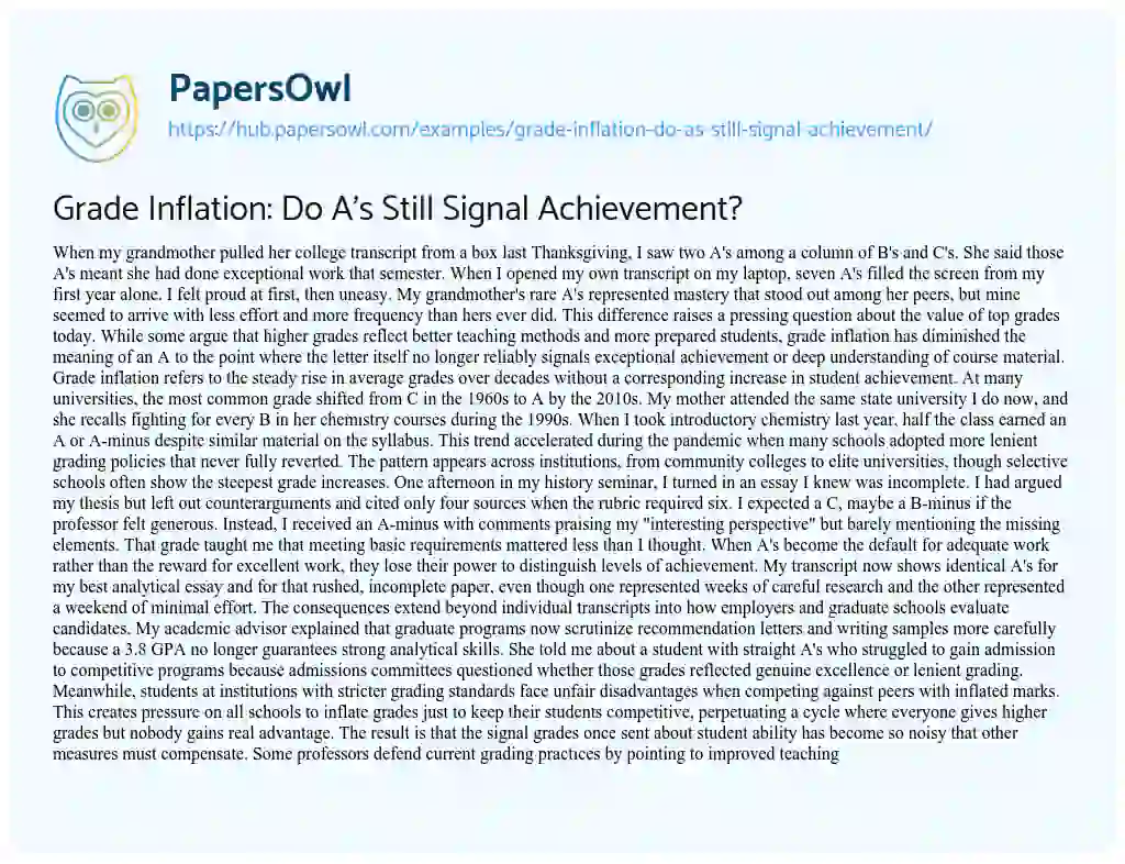 Essay on Grade Inflation: Do A’s Still Signal Achievement?