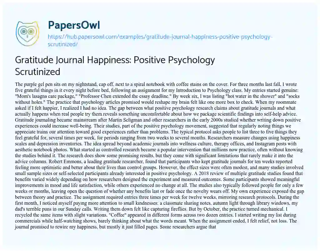Essay on Gratitude Journal Happiness: Positive Psychology Scrutinized
