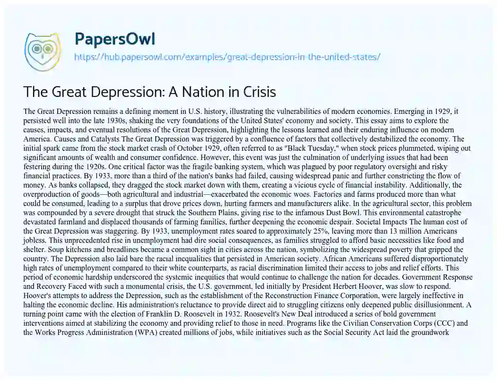 Essay on The Great Depression: A Nation in Crisis