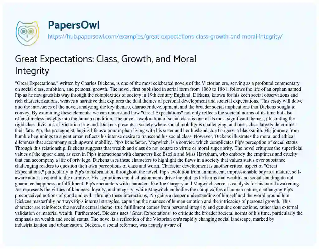 Essay on Great Expectations: Class, Growth, and Moral Integrity