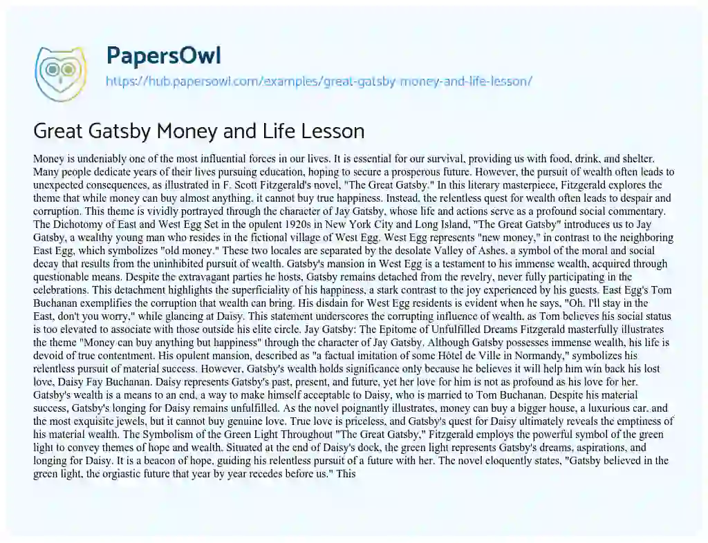 Essay on Great Gatsby Money and Life Lesson
