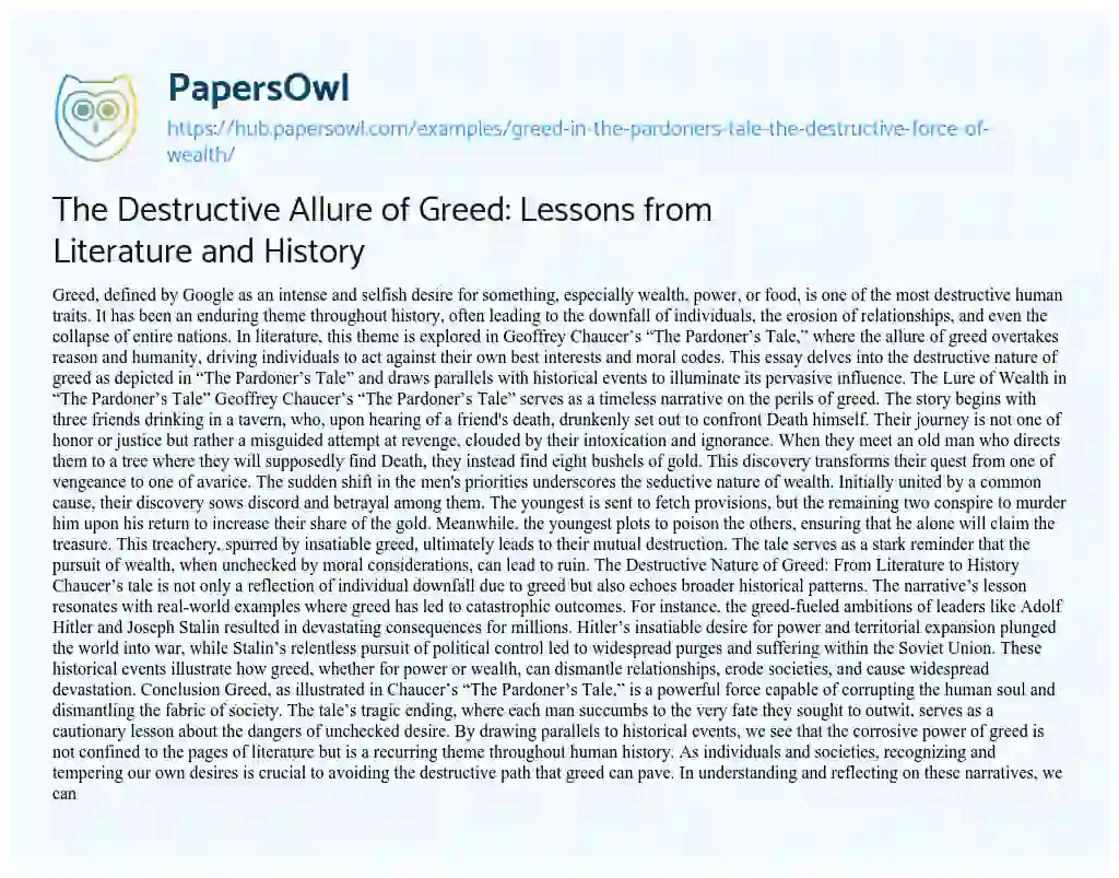 Essay on The Destructive Allure of Greed: Lessons from Literature and History