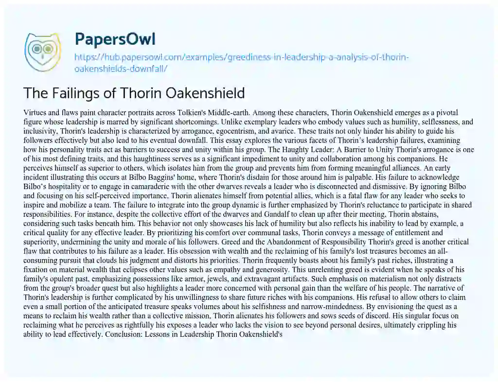 Essay on The Failings of Thorin Oakenshield