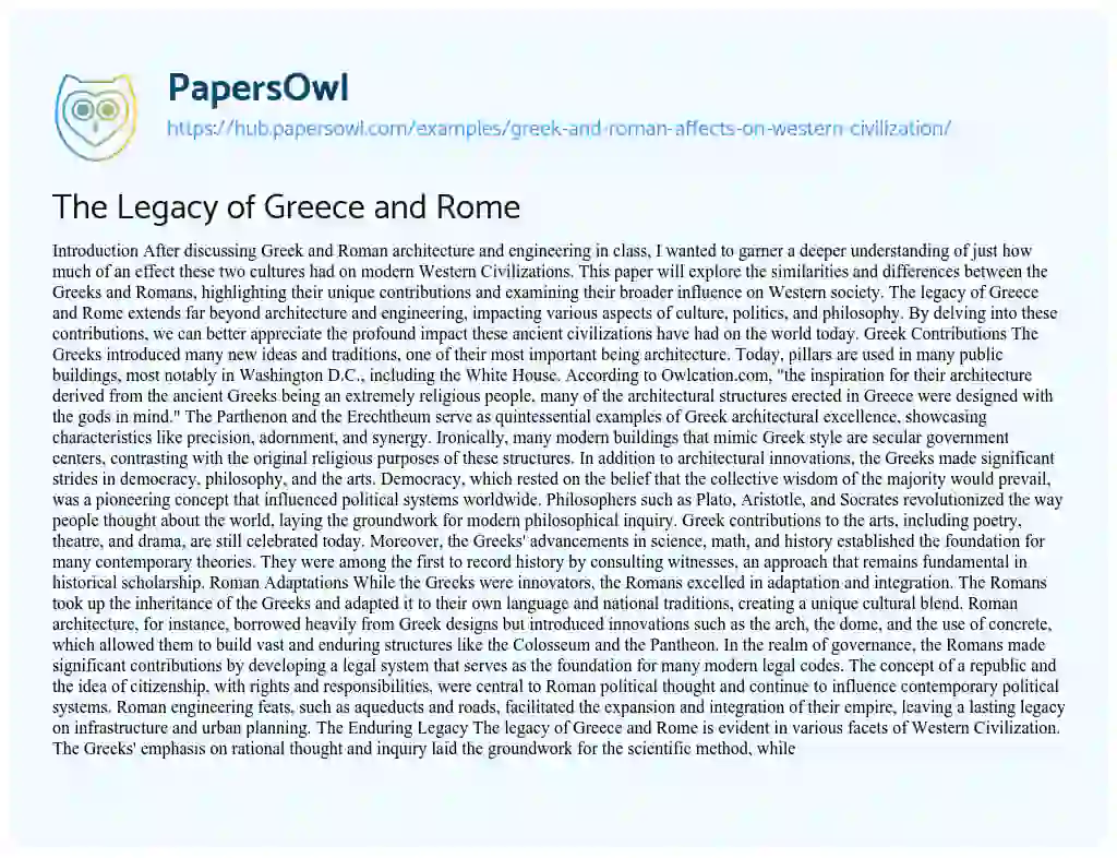 Essay on The Legacy of Greece and Rome