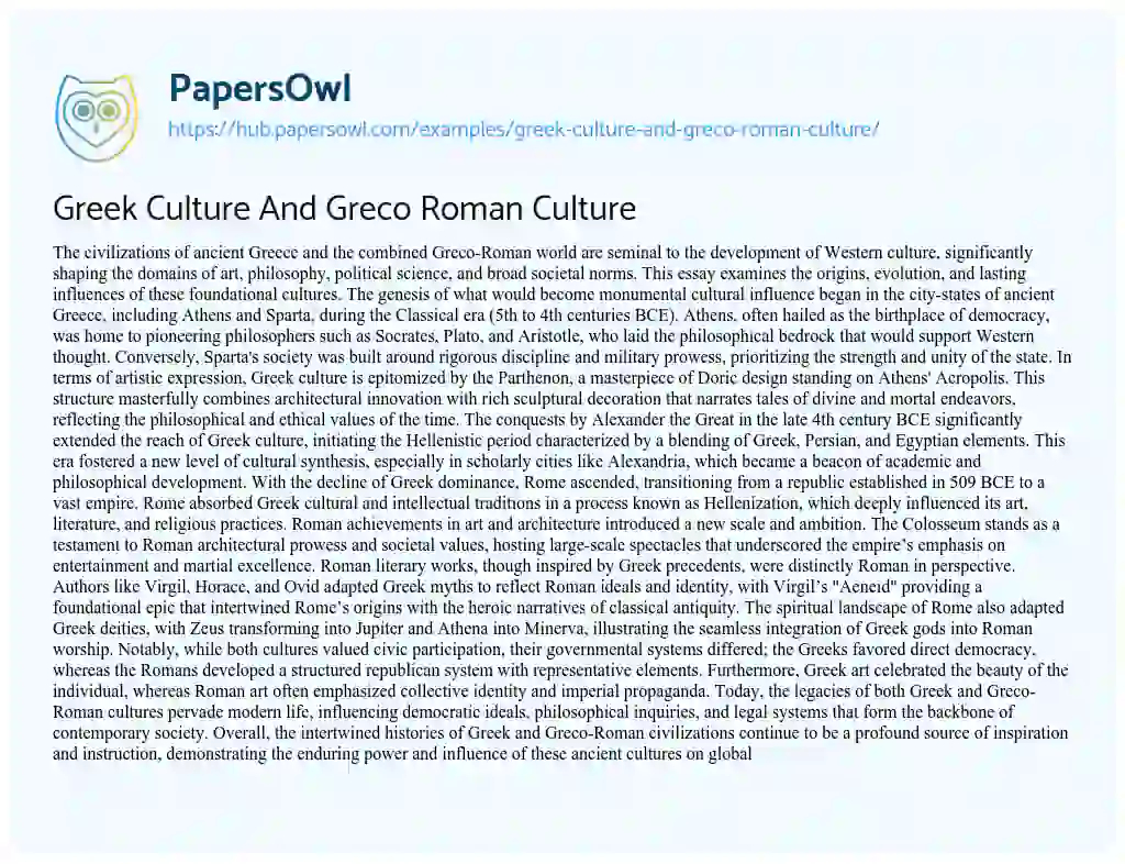 Essay on Greek Culture And Greco Roman Culture