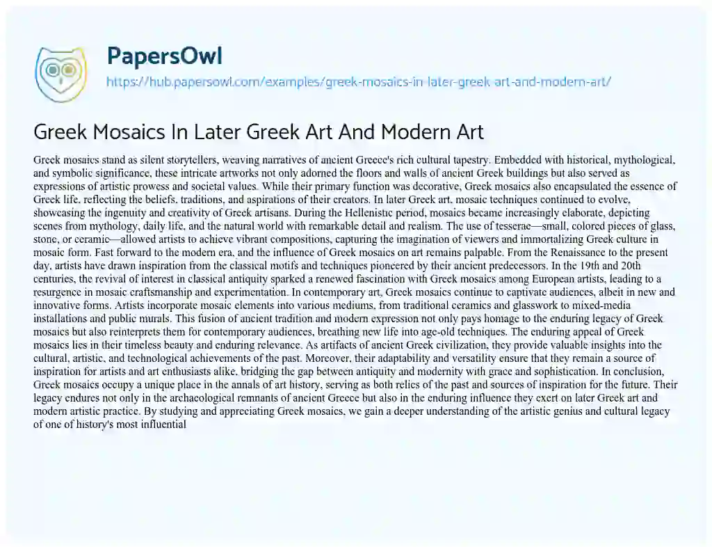 Essay on Greek Mosaics In Later Greek Art And Modern Art