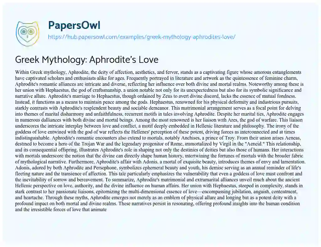 Essay on Greek Mythology: Aphrodite’s Love