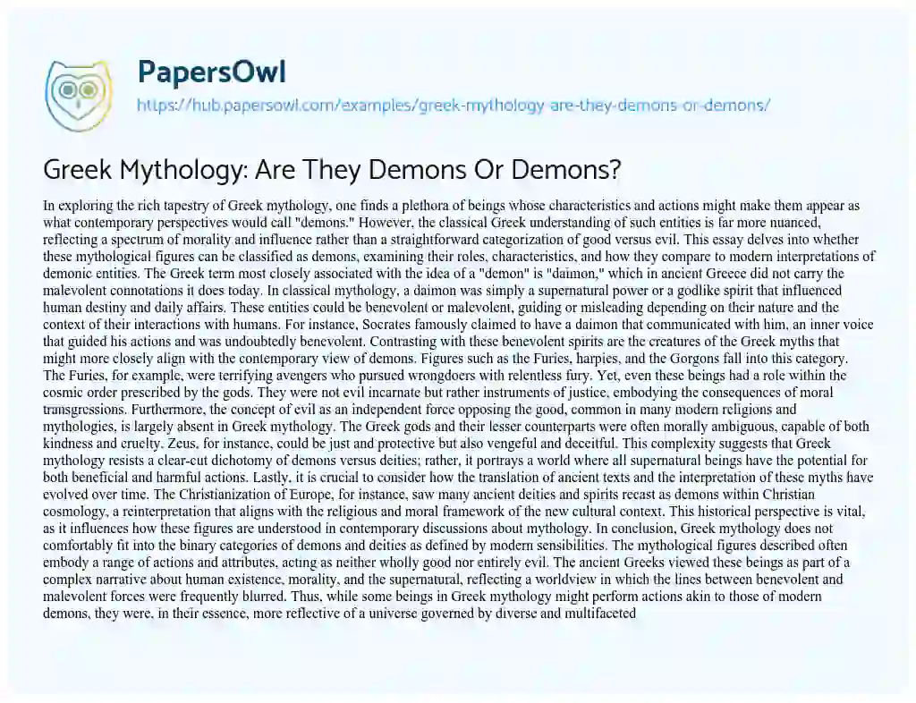 Essay on Greek Mythology: Are They Demons Or Demons?