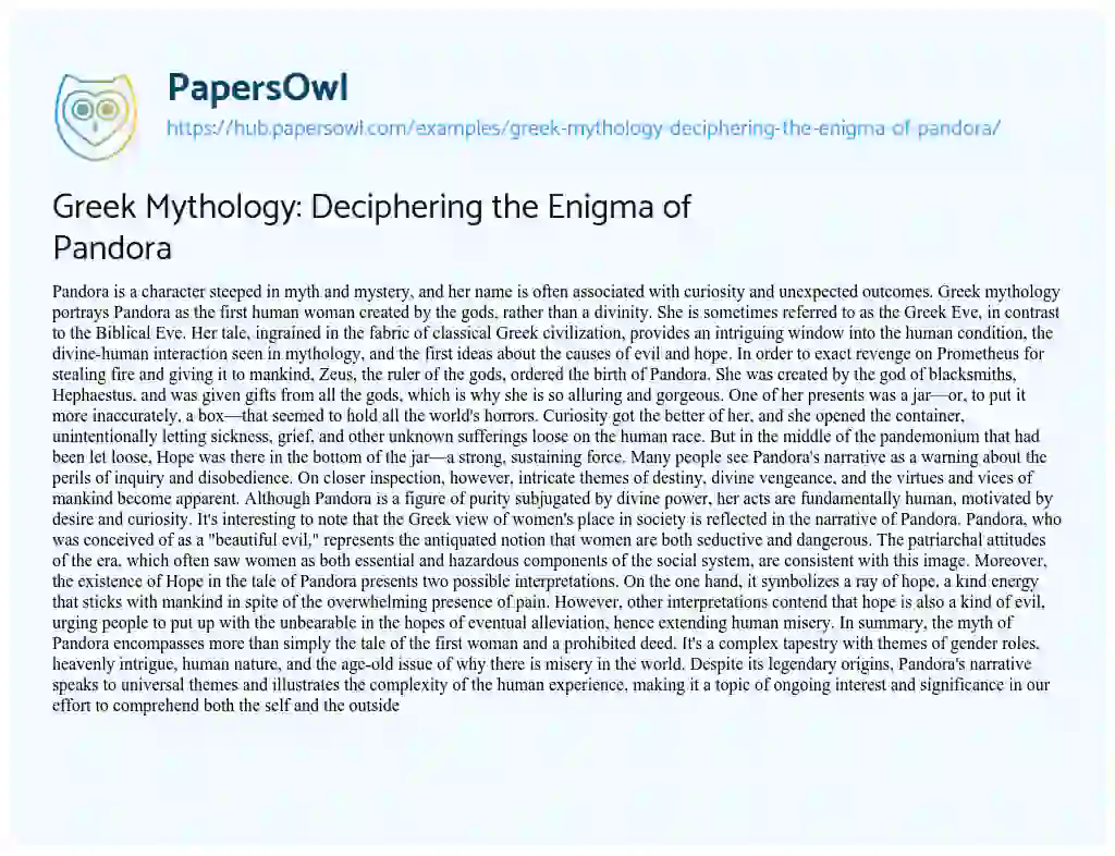 Essay on Greek Mythology: Deciphering the Enigma of Pandora