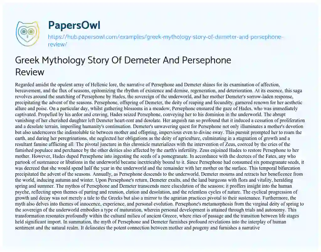 Essay on Greek Mythology Story Of Demeter And Persephone Review