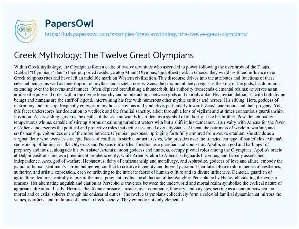 Essay on Greek Mythology: The Twelve Great Olympians