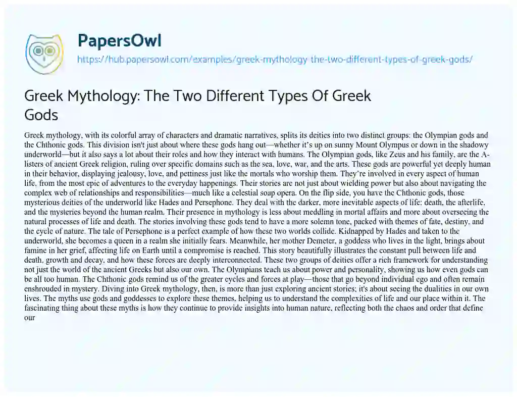 Essay on Greek Mythology: The Two Different Types Of Greek Gods