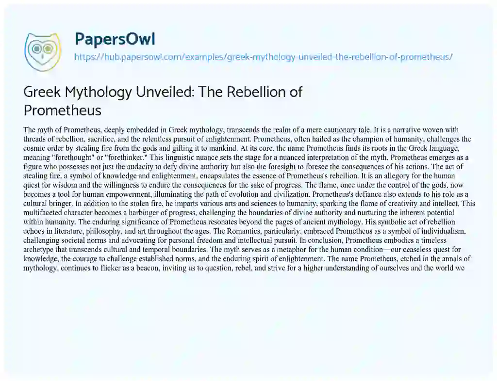Essay on Greek Mythology Unveiled: The Rebellion of Prometheus