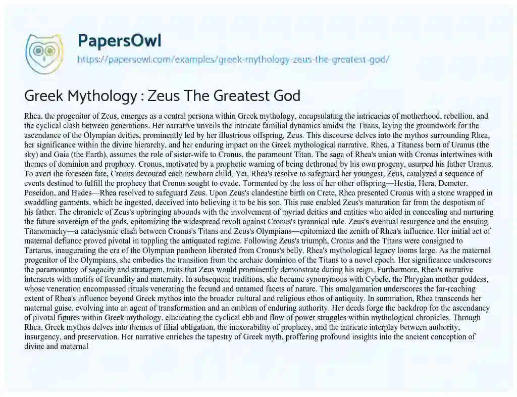Essay on Greek Mythology : Zeus The Greatest God