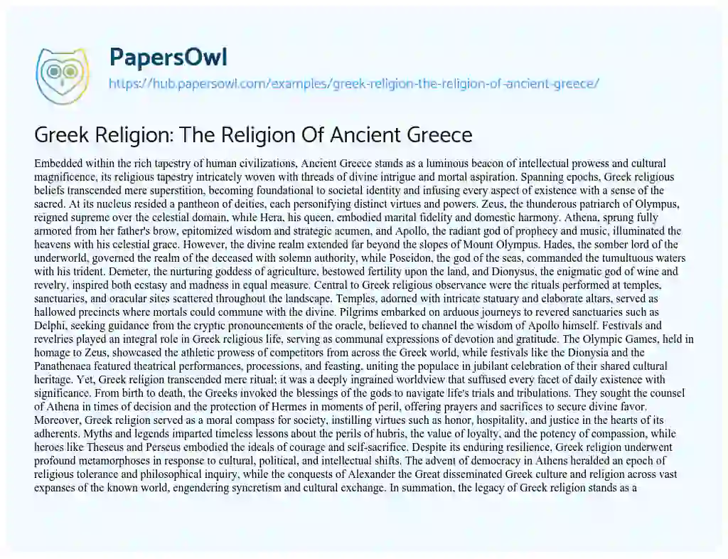 Essay on Greek Religion: The Religion Of Ancient Greece