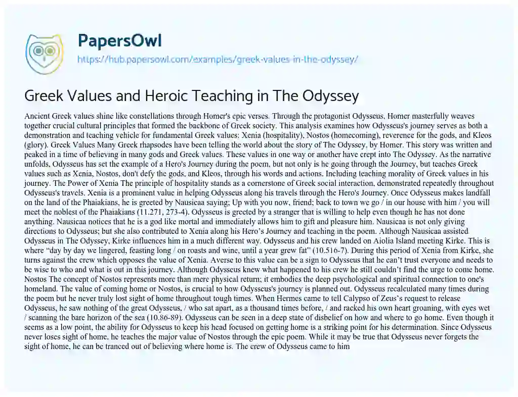 Essay on Greek Values and Heroic Teaching in The Odyssey