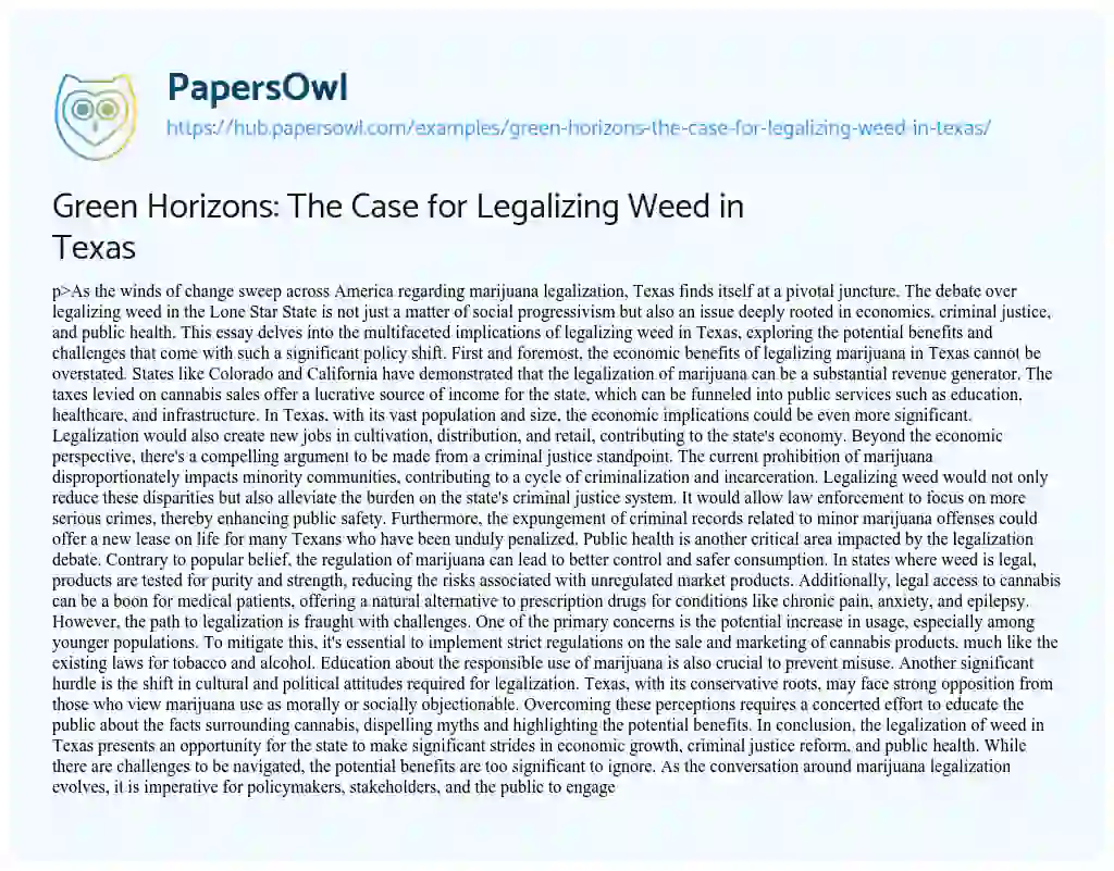 Essay on Green Horizons: The Case for Legalizing Weed in Texas