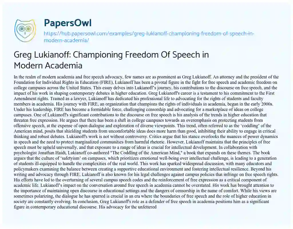 Essay on Greg Lukianoff: Championing Freedom Of Speech in Modern Academia