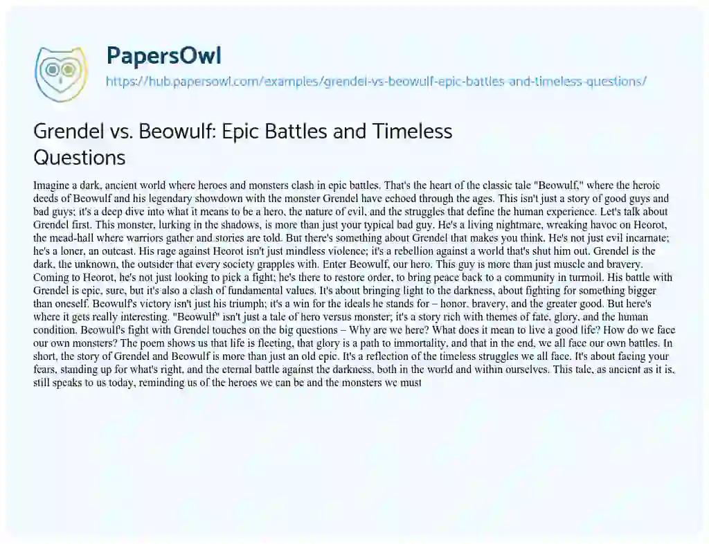 Essay on Grendel vs. Beowulf: Epic Battles and Timeless Questions