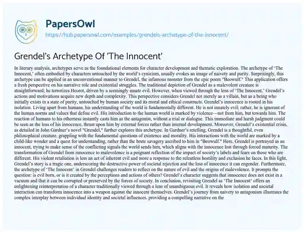 Essay on Grendel’s Archetype Of ‘The Innocent’