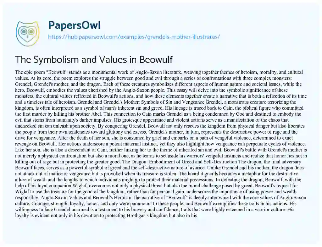 Essay on The Symbolism and Values in Beowulf